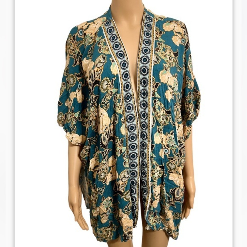 Knox Rose Women Top XL/ XXL Blue Floral Kimono Cardigan Boho Open Front